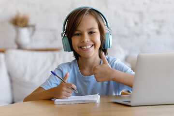 Pre-teen cute boy in headphones enjoy interesting and effective online class with tutor showing...