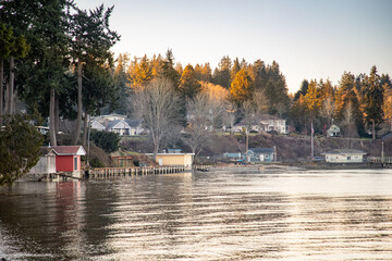 Boat Houses and Homes Overlook the Hood Canal