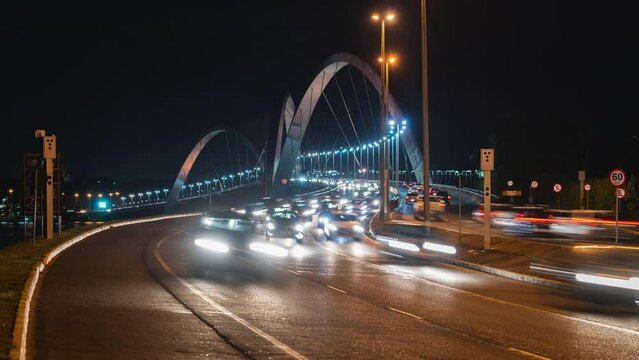 Time lapse view of night traffic on JK bridge in Brasilia, Federal District, capital of Brazil. 
