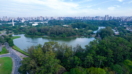 Aerial view of Ibirapuera Park in São Paulo, Brazil.
Park with preserved green area. Residential and commercial buildings in the background