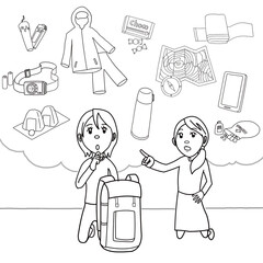 旅行前日、持ち物をチェックする登山女子、キャンプ女子