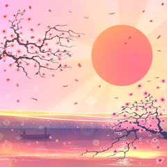 Magic sakura flowers over red sun with fields and lake water, beautiful Japanese nature landscape with sunrise, digital asian art in vector.