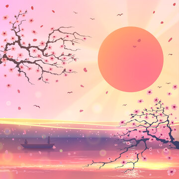 Magic sakura flowers over red sun with fields and lake water, beautiful Japanese nature landscape with sunrise, digital asian art in vector.