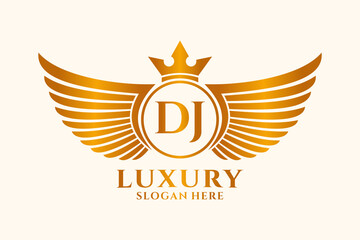 Luxury royal wing Letter DJ crest Gold color Logo vector, Victory logo, crest logo, wing logo, vector logo template.