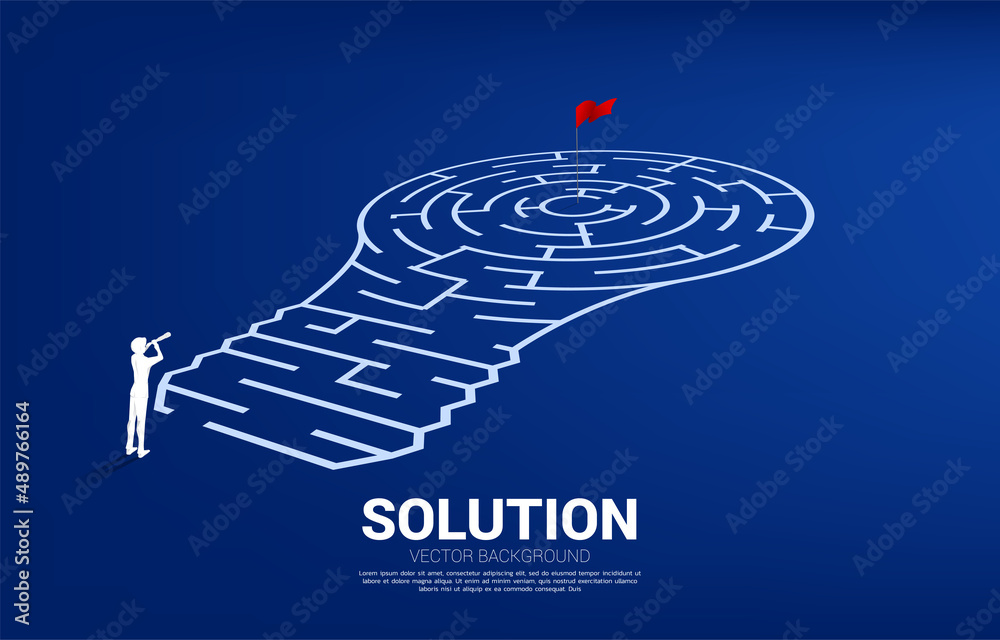 Fototapete Silhouette of businessman looking through telescope standing with Light bulb with from maze game. Business concept for problem solving and finding idea.