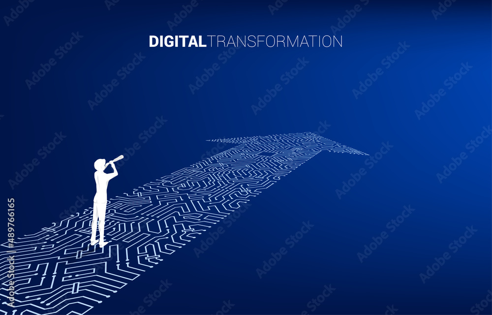 Aufkleber Silhouette of businessman looking through telescope with the way with dot connect line circuit. concept of digital transformation of business