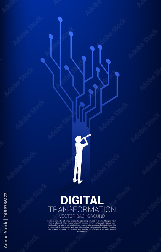 Poster silhouette of businessman looking through telescope with the way with dot connect line circuit. conc