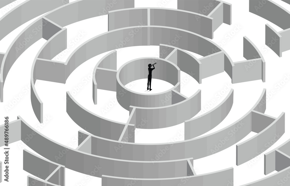 Aufkleber silhouette of businessman looking through telescope with plan to center of maze . business concept f