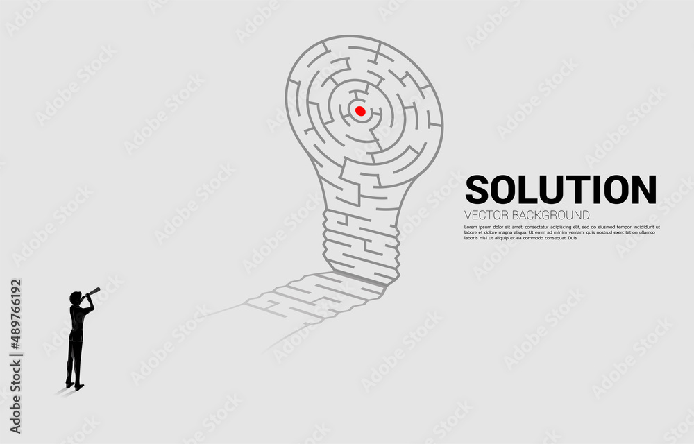 Poster Silhouette of businessman looking through telescope standing with Light bulb from maze game. Business concept for problem solving and finding idea.