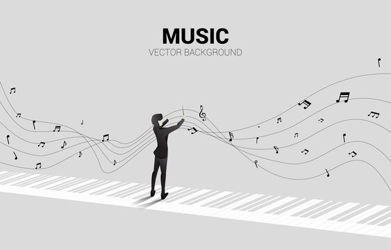 Vector silhouette of conductor standing with piano key with flying music note . Concept background for piano concert and recreation.