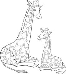 Coloring page. Mother giraffe with long neck lays with her little cute baby and smiles.