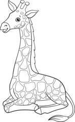 Coloring page. Little cute baby giraffe with long neck lays and smiles.