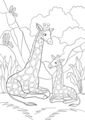 Coloring page. Mother giraffe with long neck lays with her little cute baby and smiles.