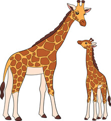 Cartoon wild animals. Mother giraffe with her little cute baby giraffe. They smile.