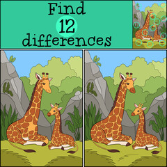 Educational game: Find differences. Mother giraffe lays with her little cute baby giraffe. They smile.