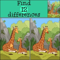 Möbelaufkleber Educational game: Find differences. Mother giraffe lays with her little cute baby giraffe. They smile. © ya_mayka