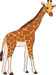 Cartoon wild animals. Big kind giraffe with long neck stands and smiles.