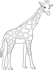 Coloring page. Big kind giraffe with long neck stands and smiles.