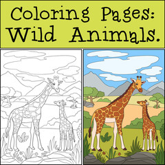 Coloring Pages: Wild Animals. Mother giraffe stands with her little cute baby giraffe. They smile. - obrazy, fototapety, plakaty
