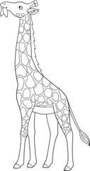 Coloring page. Big kind giraffe with long neck stands and eats leaves.