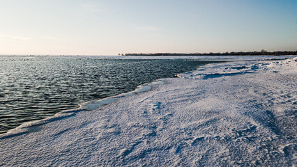 Morning view of frozen shoreline