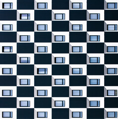 windows on a black and white facade