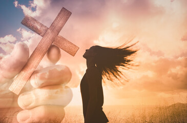 Woman getting strength from god Religious empowerment. Salvation and feelings of hope and faith...