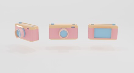 set of three cameras in a cartoon-style projection on a white background. photography concept. 3d rendering 3d illustration