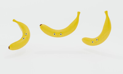 set of three bananas in cartoon style on a white background. 3d illustration