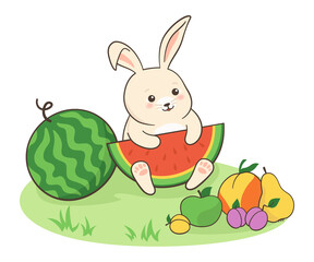 Rabbit with watermelon, fruit summer poster. Bunny character harvest, hello summer card. Eco vegetarian, vegan nutrition concept. Childish cartoon cute hare mascot symbol year vector illustration