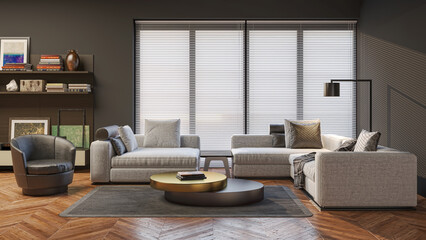 Illustration 3D rendering large luxury modern bright interiors Living room mockup computer digitally generated image