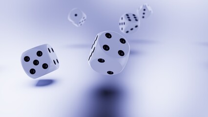 Rolling deep bronze-black dices on gray and deep blue planes background. Concept image of statistical probability, gambling activities and decisive battle. 3D CG. 3D illustration.