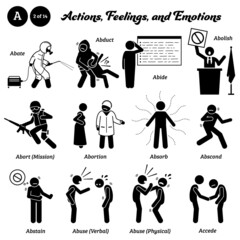 Stick figure human people man action, feelings, and emotions icons starting with alphabet A. Abate, abduct, abide, abolish, abort, abortion, absorb, abscond, abstain, abuse physical verbal and accede.