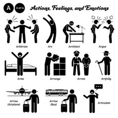 Stick figure human people man action, feelings, and emotions icons starting with alphabet A. Arbitrate, arc, architect, argue, arise, arrange, arrest, artfully, arrive airplane bus, and articulate.