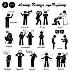 Stick figure human people man action, feelings, and emotions icons starting with alphabet A. Announce, annoy, anoint, anxious, antagonise, anticipate, answer, apologize, appeal, appear, and, appease. - obrazy, fototapety, plakaty