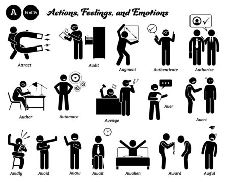Stick figure human people man action, feelings, and emotions icons starting with alphabet A. Attract, audit, augment, authenticate, authorize, author, automate, avenge, avoid, await, awaken, awful.