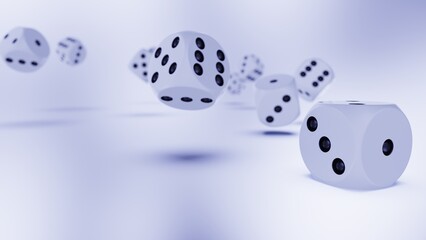 Rolling deep bronze-black dices on gray and deep blue planes background. Concept image of statistical probability, gambling activities and decisive battle. 3D CG. 3D illustration.