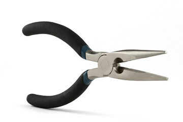 Pair of needle-nose pliers against a white background.