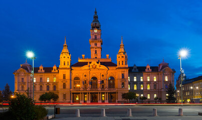Fototapeta na wymiar Illuminated building of Gyor City Hall in twilight, Hungary