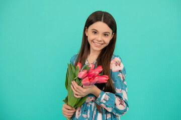 mothers or womens day. kid hold flowers for 8 of march. teen girl with spring bouquet