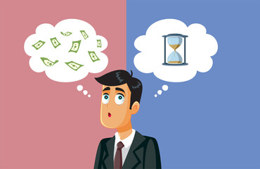 Confused Businessman Choosing Between Time and Money