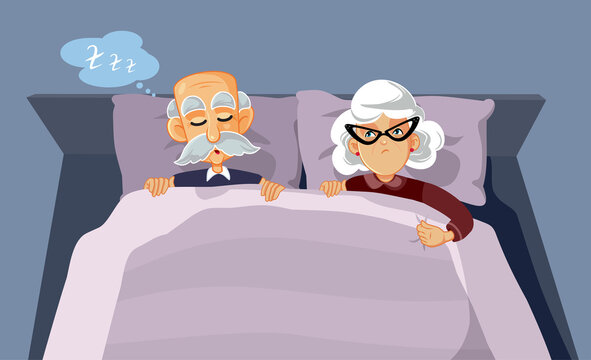 Senior Man Snoring Upsetting his Wife Vector Cartoon Illustration