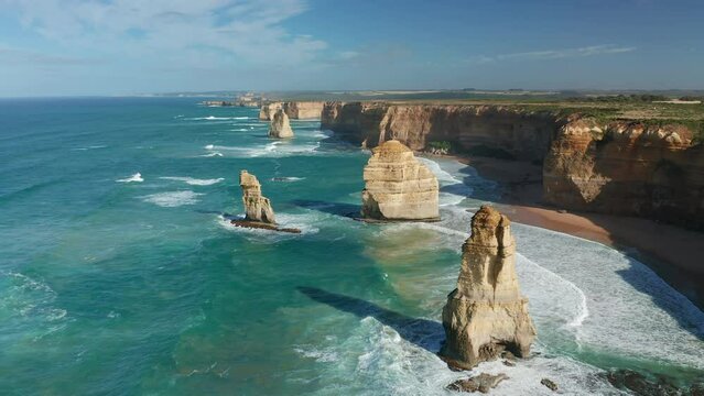 Aerial shot of Twelve Apostles along the Great Ocean Road in Australia