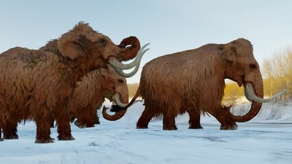 A 3D animation of a herd of Woolly Mammoths gathering on a frozen lake during the Ice Age.