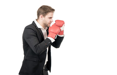 I will fight. Manager in boxing position. Professional man in boxing gloves. Keep fighting