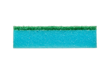 Hygiene: Blue foam sponge for washing dishes closeup on a white background. Isolated. 