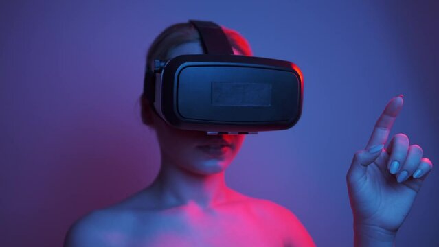 The woman in VR glasses is in the metaverse universe, futuristic virtual reality environments in NFT