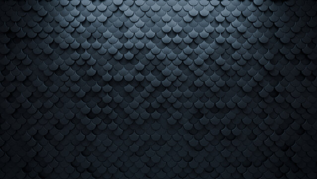 Fish Scale, Polished Wall background with tiles. 3D, tile Wallpaper with Black, Futuristic blocks. 3D Render