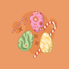 Illustration of Easter eggs and striped candy sticks