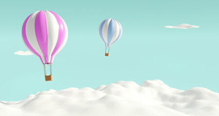 Colorful hot air balloons soar over white clouds in blue sky. 3d rendering.